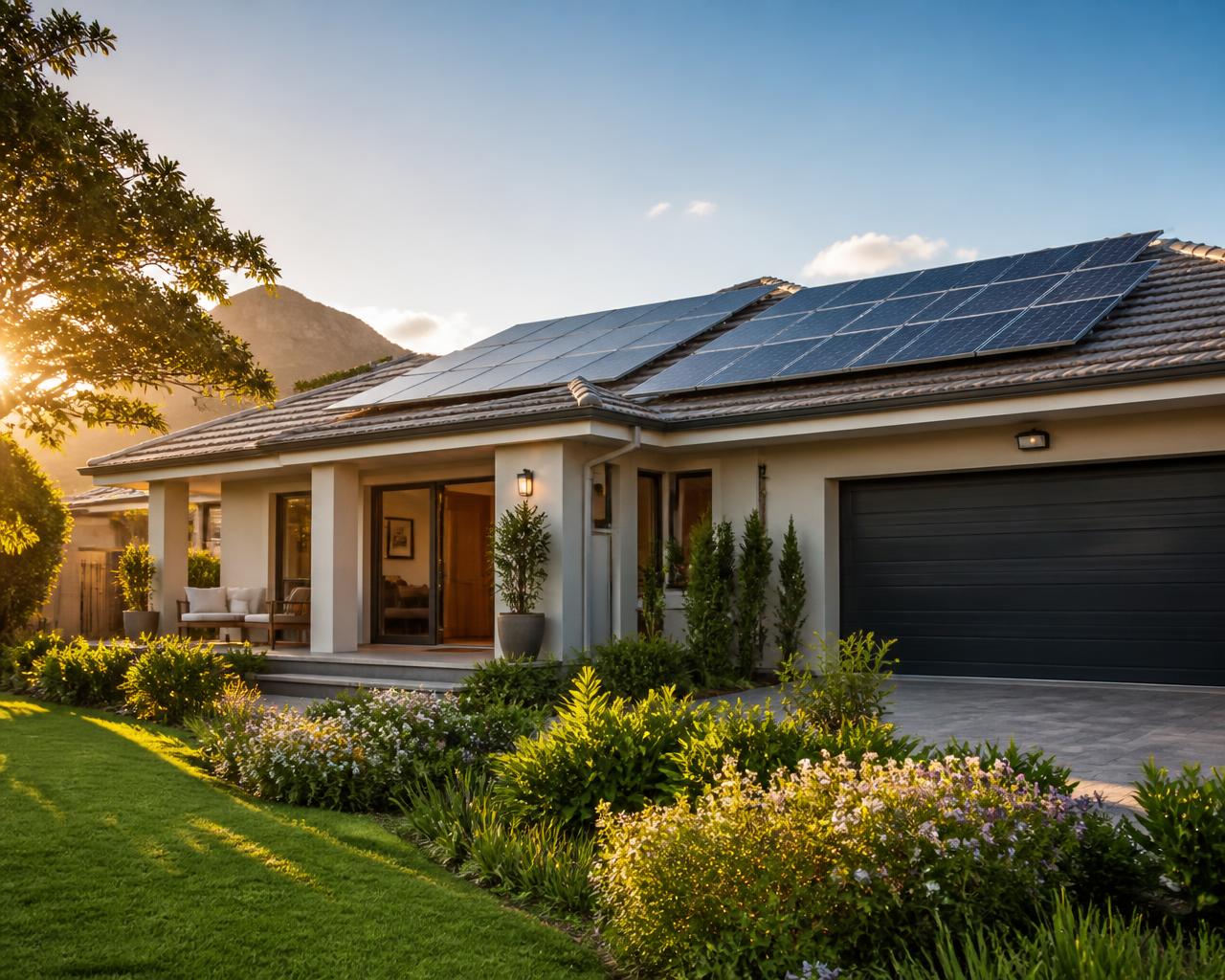 A Johannesburg home with rooftop solar panels in golden afternoon light
